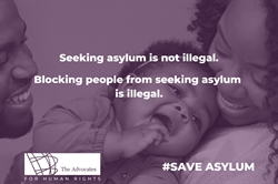 [ai] A close-up of a happy family consisting of a man and a woman with a baby, smiling and playing together. Text overlay states 'Seeking asylum is not illegal. Blocking people from seeking asylum is illegal.' and includes the hashtag #SAVEASYLUM.